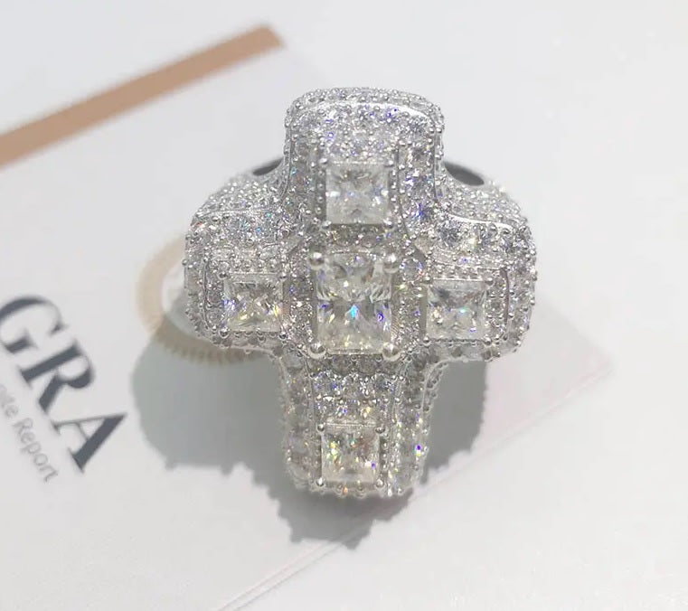 Solid Silver Moissanite Baguette Diamond Cross Ring