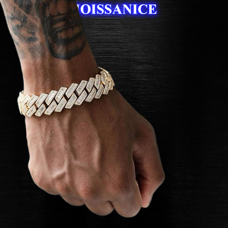 19mm Solid Silver Moissanite Baguette Diamond Miami Cuban Link Bracelet