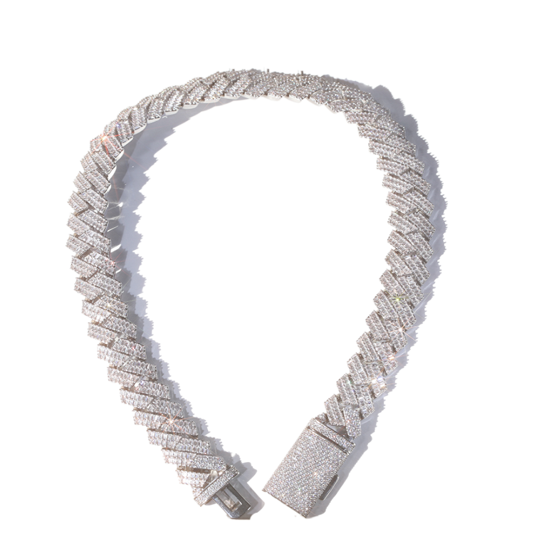 20mm Solid Silver Moissanite Baguette Diamond Miami Cuban Link Chain