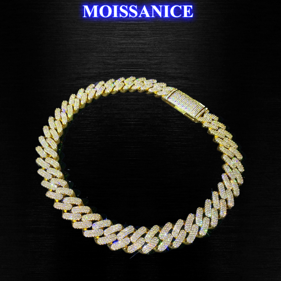 13mm 3 Row Solid Silver Moissanite Diamond Miami Cuban Link Chain