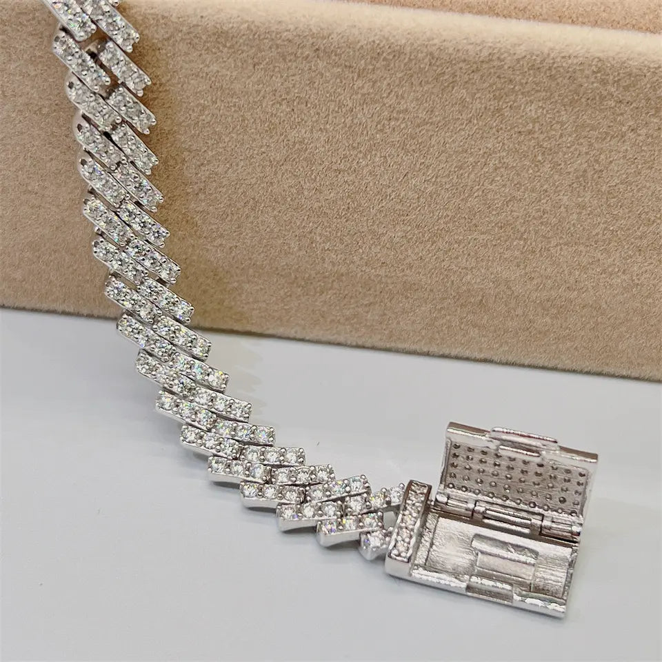 6mm-8mm 1 Row Solid Silver Moissanite Diamond Miami Cuban Link Chain
