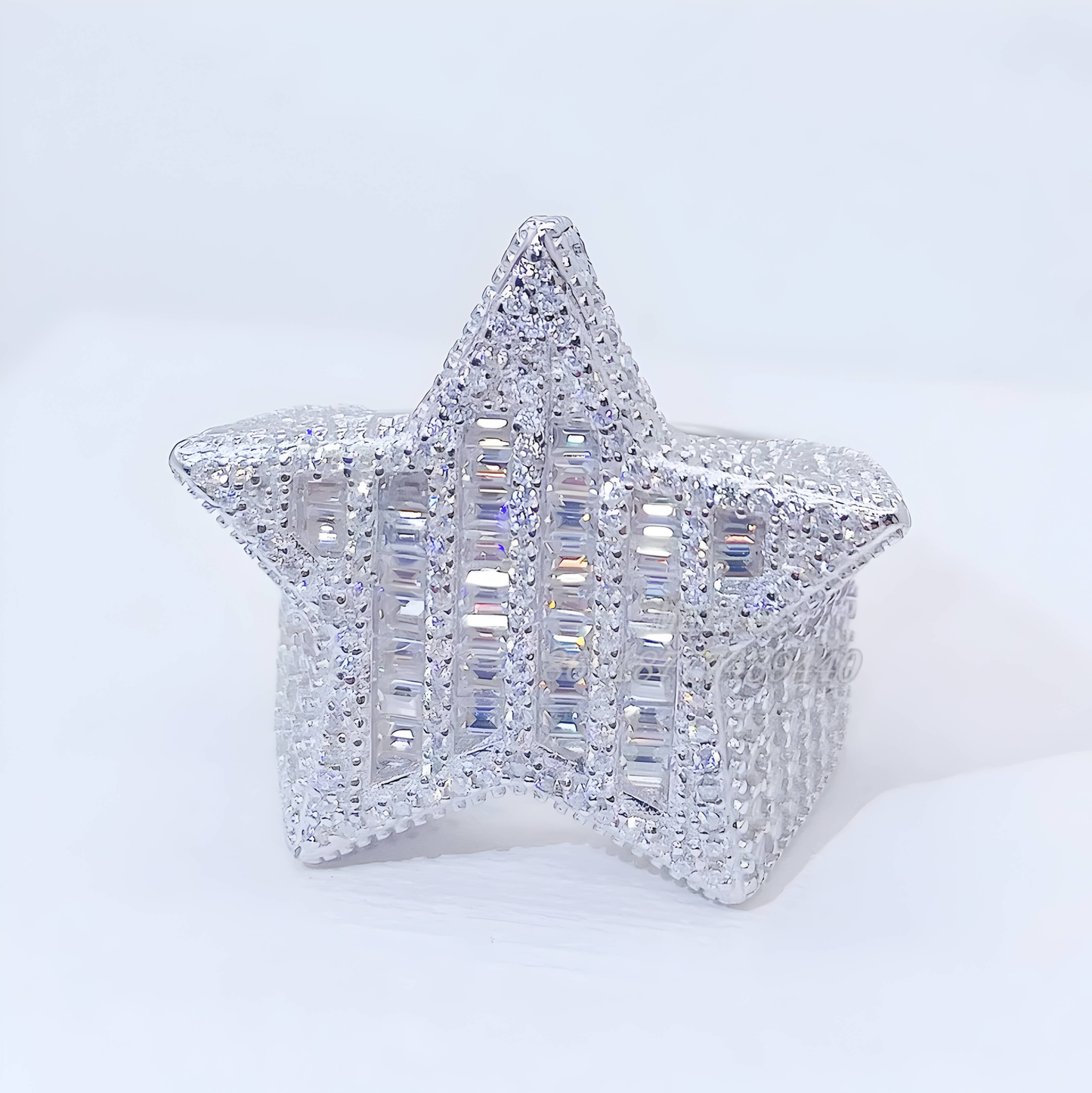 Solid Silver Moissanite Baguette Diamond Star Ring