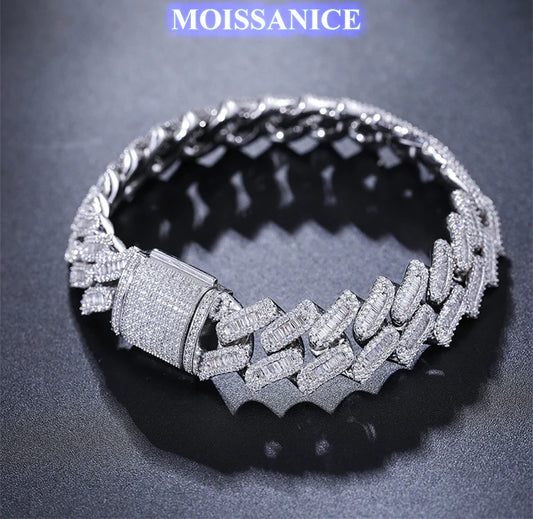 16mm Solid Silver Moissanite Baguette Diamond Miami Cuban Link Bracelet