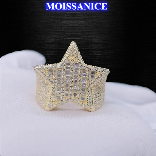 Solid Silver Moissanite Baguette Diamond Star Ring