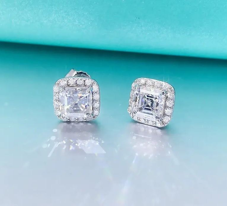 10mm Solid Silver Moissanite Diamond Square Earrings