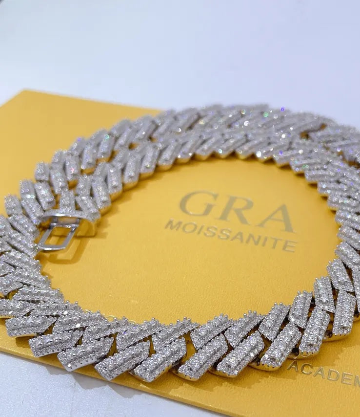 15mm Solid Silver Moissanite Diamond Miami Cuban Link Chain