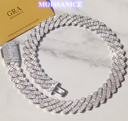 19mm Solid Silver Moissanite Baguette Diamond Miami Cuban Link Chain