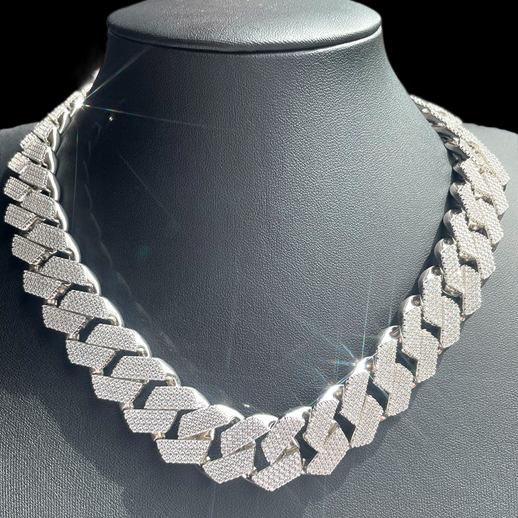 20mm 4 Row Solid Silver Moissanite Diamond Miami Cuban Link Chain