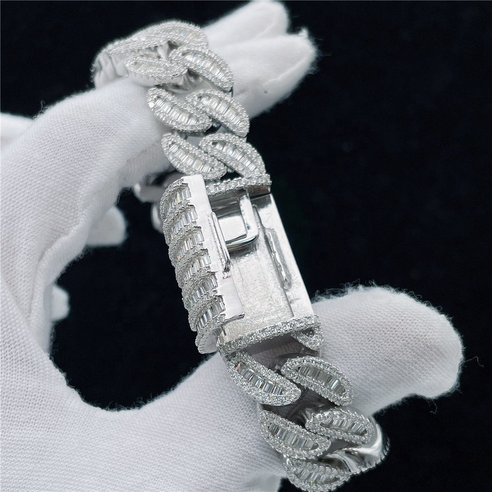 15mm Solid Silver Moissanite Baguette Diamond Miami Cuban Link Chain