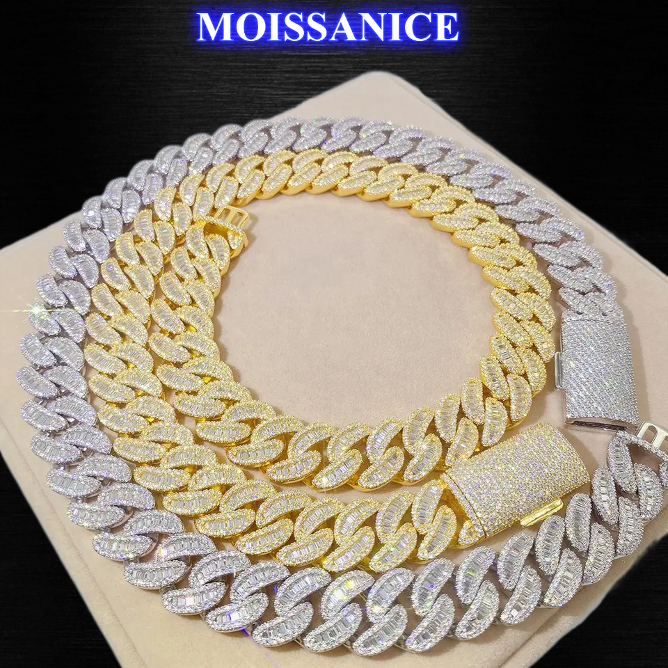 20mm Solid Silver Baguette Moissanite Diamond Miami Cuban Link Chain