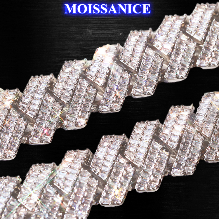 20mm Solid Silver Moissanite Baguette Diamond Miami Cuban Link Chain