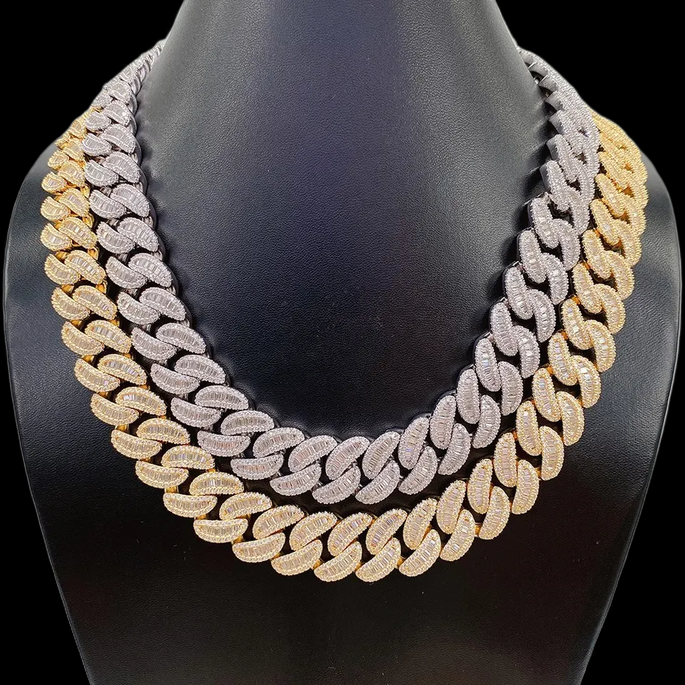 20mm Solid Silver Baguette Moissanite Diamond Miami Cuban Link Chain