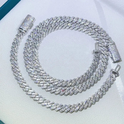 10mm 2 Row Solid Silver Moissanite Diamond Miami Cuban Link Chain