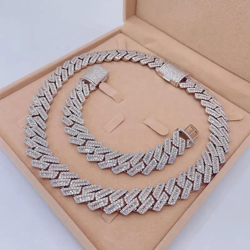 20mm Solid Silver Moissanite Baguette Diamond Miami Cuban Link Chain