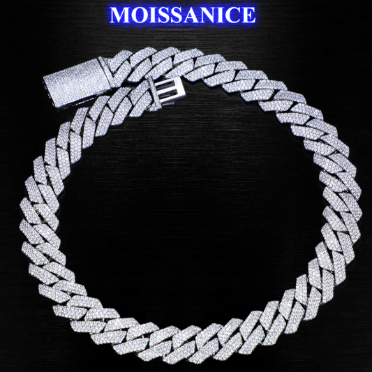 18mm 3 Row Solid Silver Moissanite Diamond Miami Cuban Link Chain