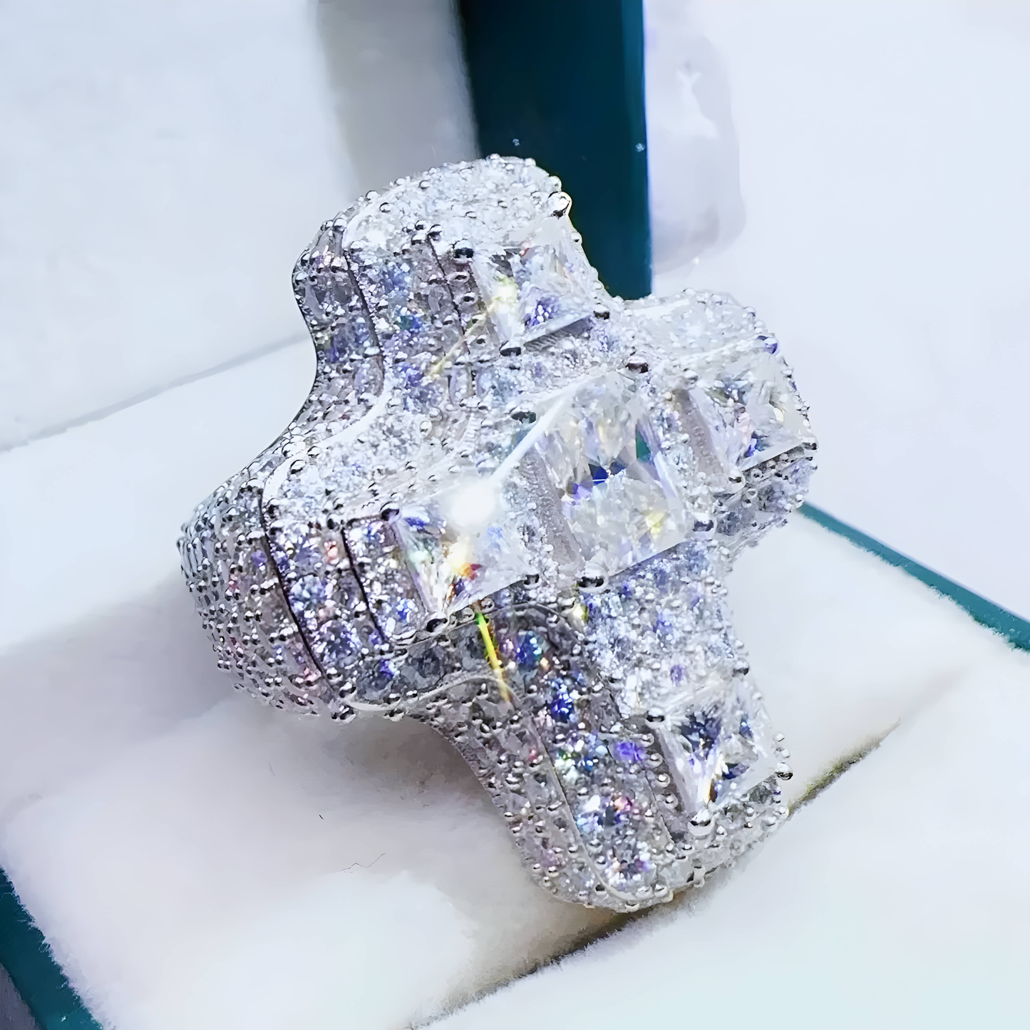Solid Silver Moissanite Baguette Diamond Cross Ring