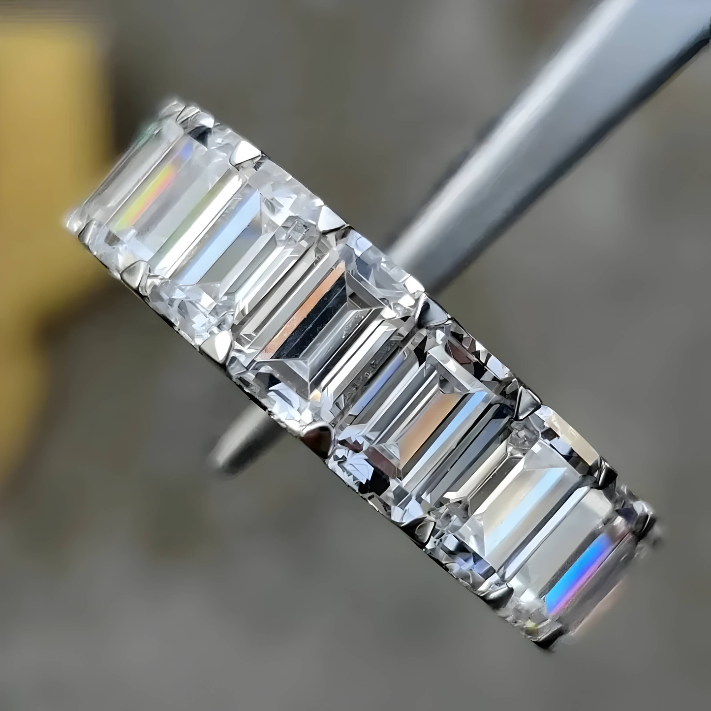 Solid Silver Emerald Cut Moissanite Diamond Ring